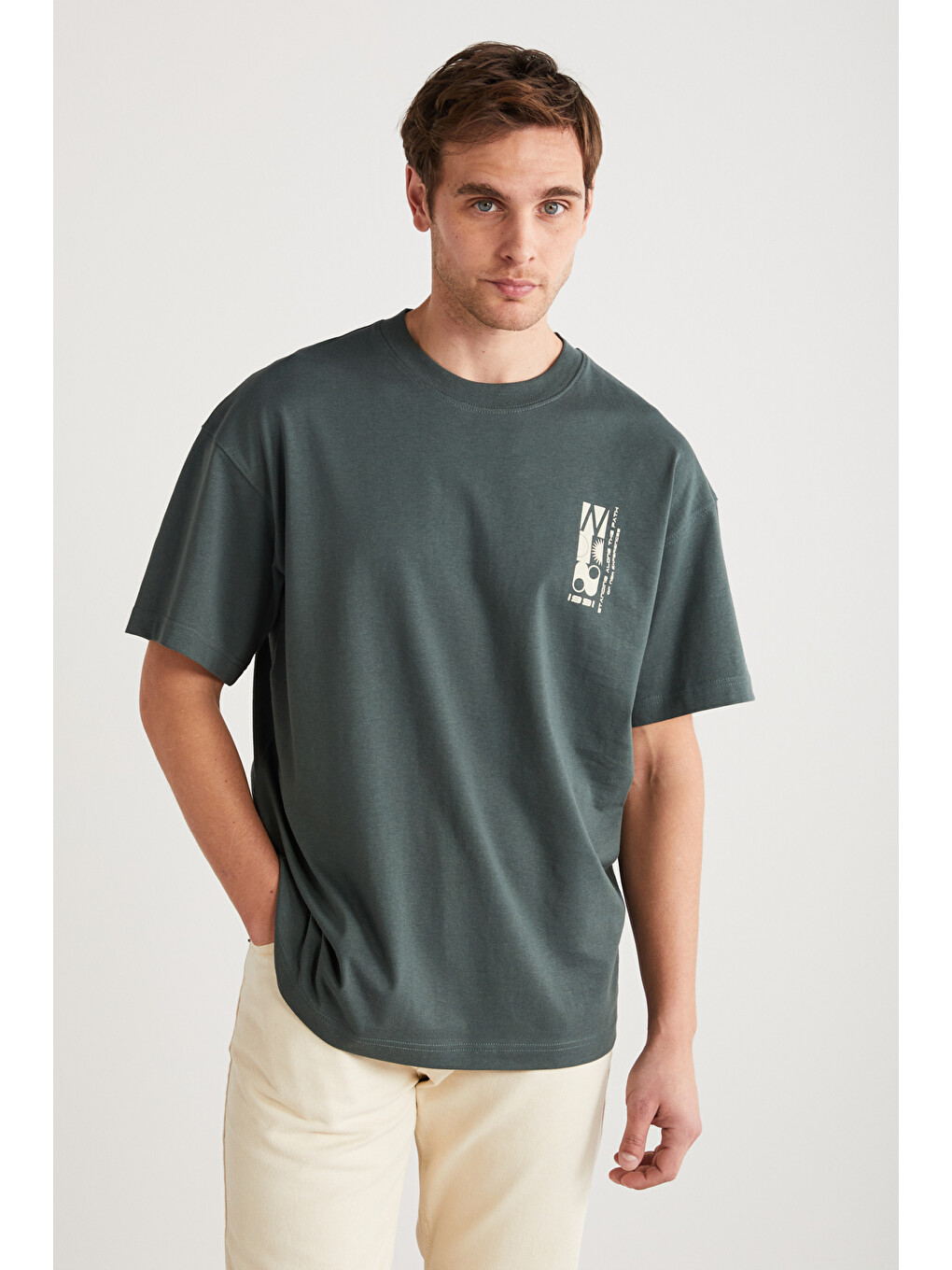Yeşil ANTONIO Erkek Baskı Detaylı %100 Organik Pamuk 3 İplik Örme Oversize YEŞİL T-Shirt-2