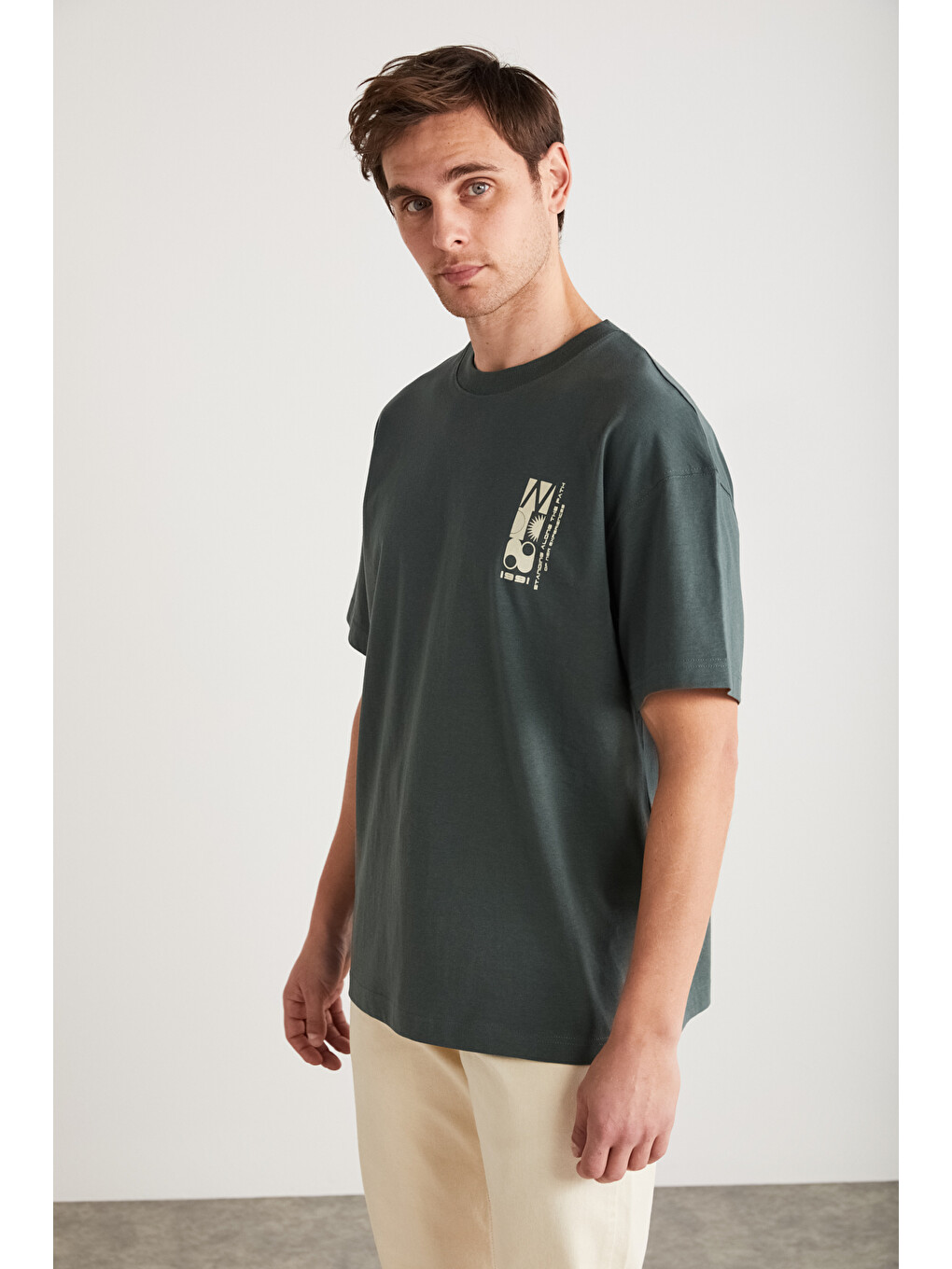 Yeşil ANTONIO Erkek Baskı Detaylı %100 Organik Pamuk 3 İplik Örme Oversize YEŞİL T-Shirt-3