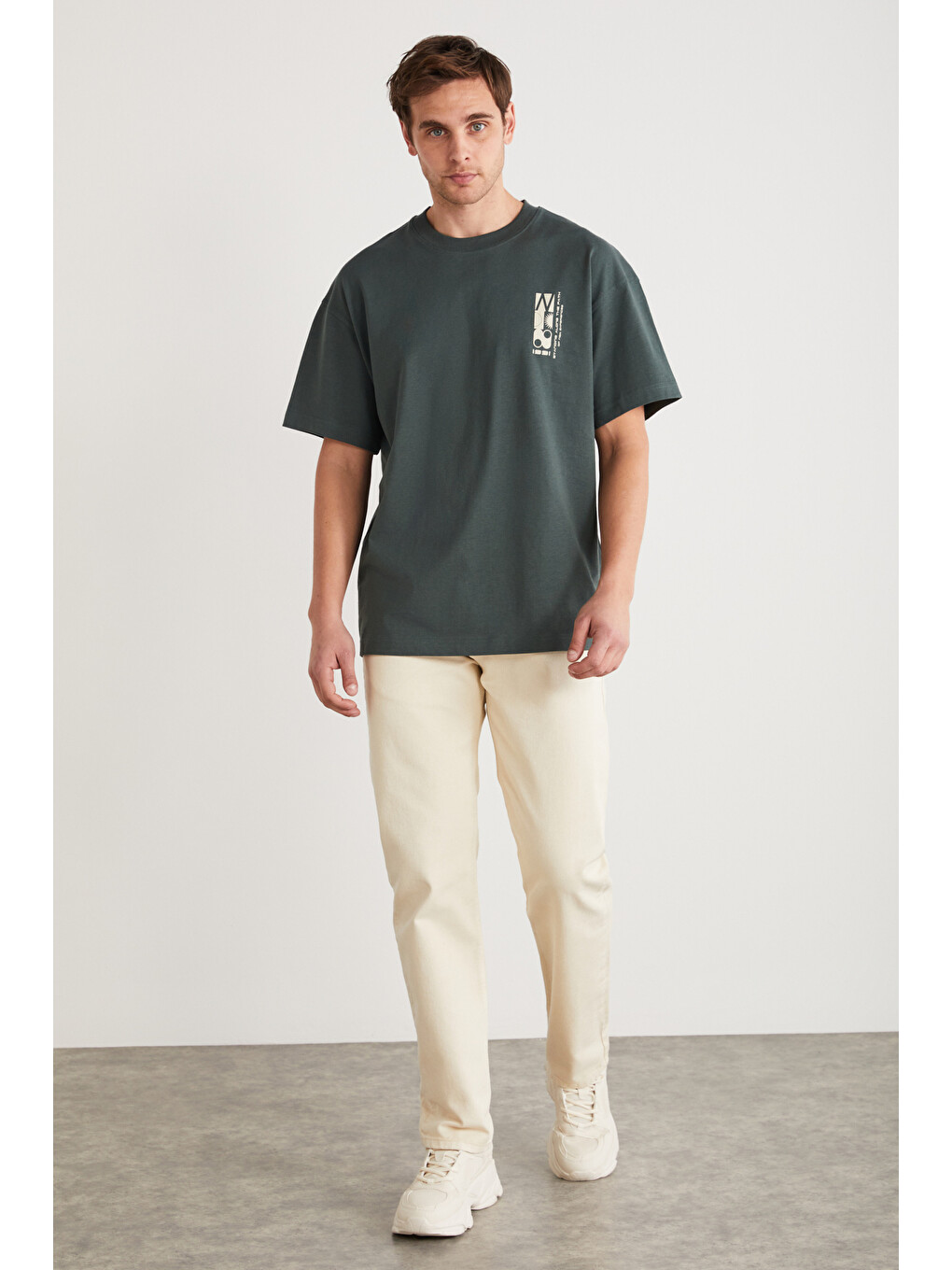 Yeşil ANTONIO Erkek Baskı Detaylı %100 Organik Pamuk 3 İplik Örme Oversize YEŞİL T-Shirt-4