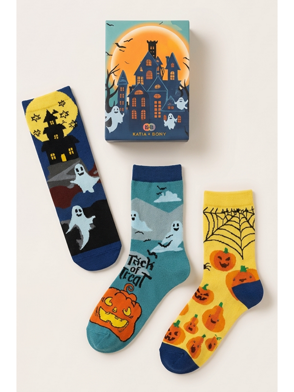Lacivert Çocuk 3'Lü Halloween Desenli Kutulu Soket Çorap-1