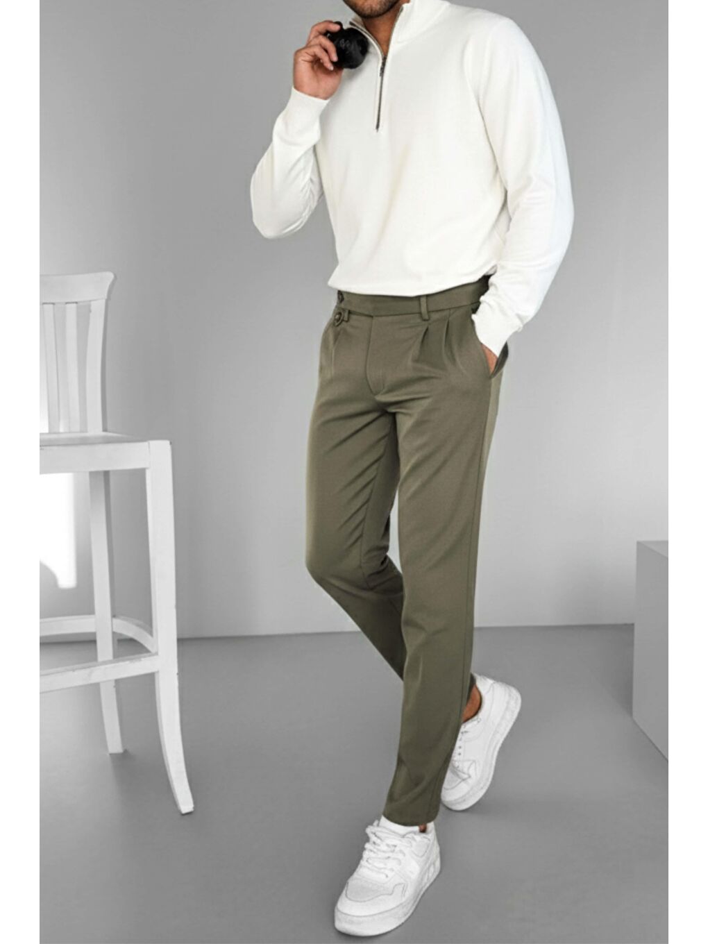 Pileli Kumaş Erkek Pantolon Haki-1
