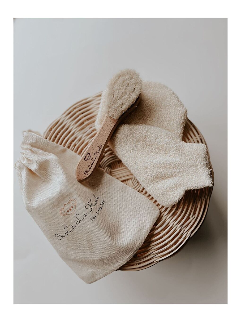 Doğal Keçi Kılı Ahşap Bebek Fırçası Ve Pamuk Bebek Banyo Kesesi 2li Set-2