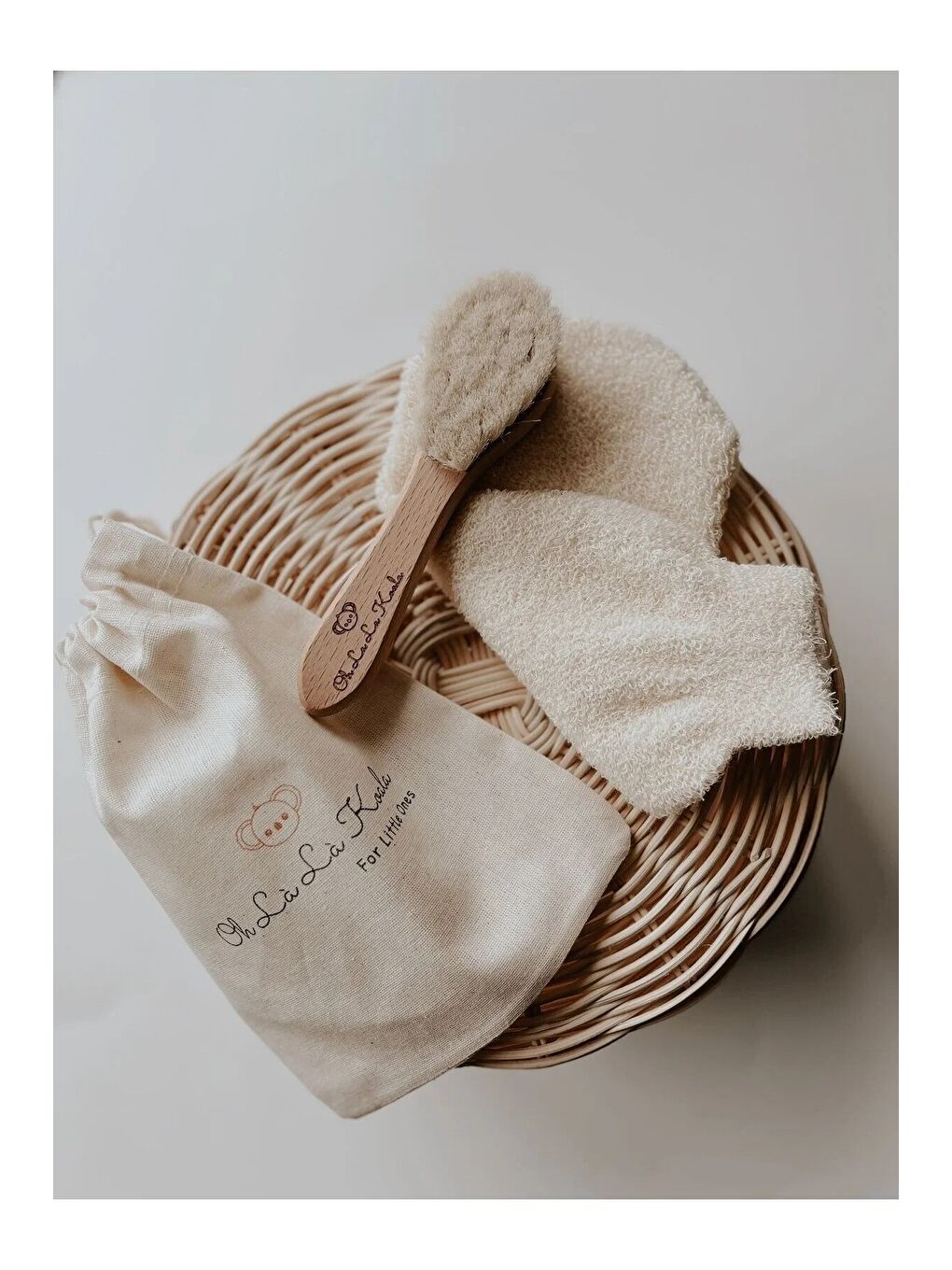 Doğal Keçi Kılı Ahşap Bebek Fırçası Ve Pamuk Bebek Banyo Kesesi 2li Set-5