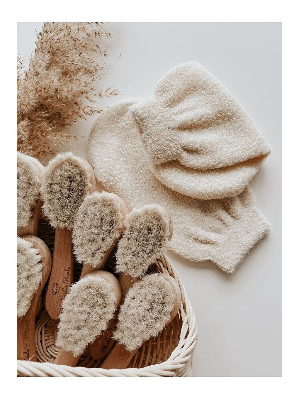 Doğal Keçi Kılı Ahşap Bebek Fırçası Ve Pamuk Bebek Banyo Kesesi 2li Set-7