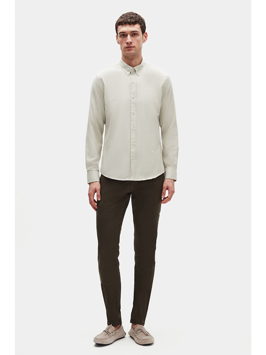 Sarı Slim Fit Adaçayı Oxford Düğmeli Yaka Kolay Ütülenebilir Nakış Detaylı Pamuklu Gömlek-6