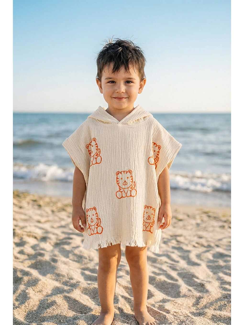 Ekru Organik %100 Pamuk Müslin Çocuk Panço - Kaplan