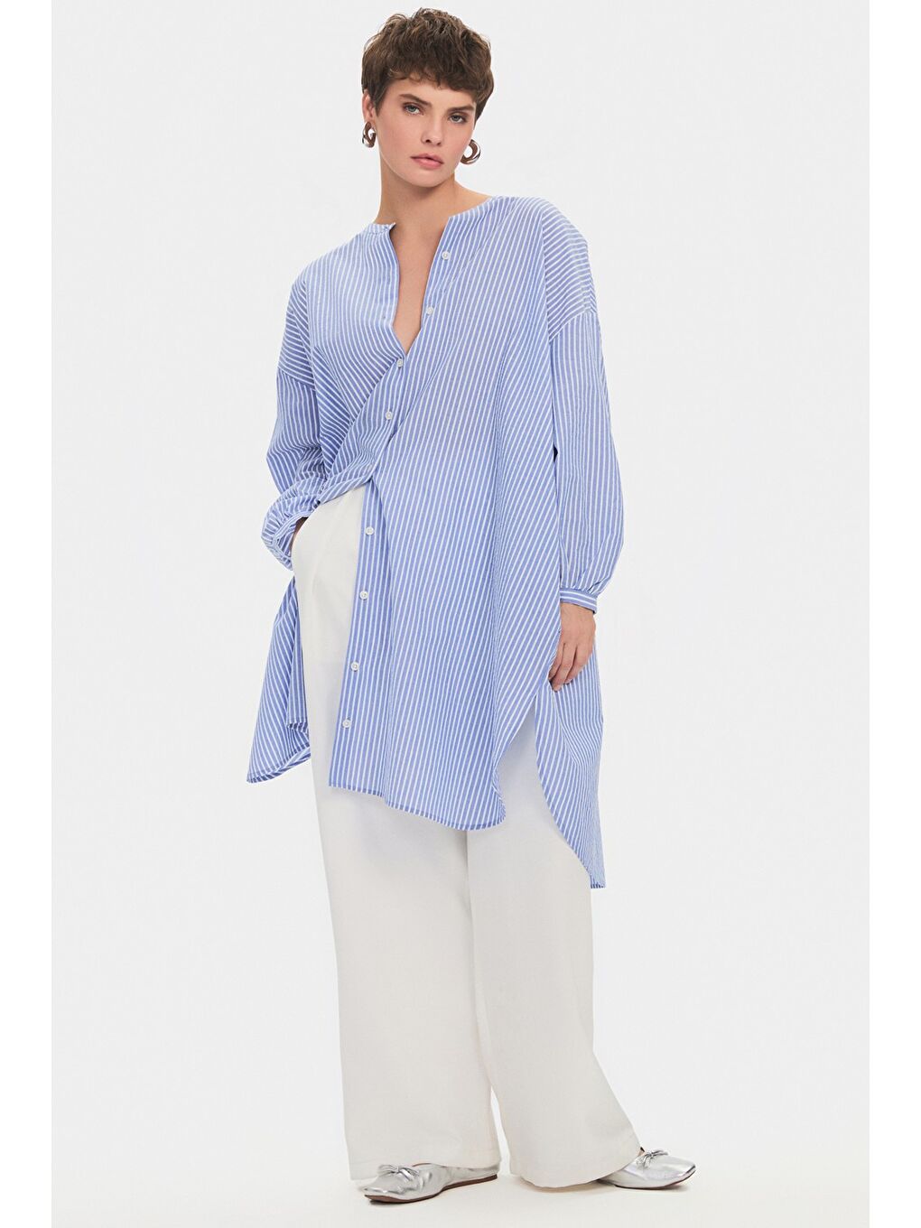 Mavi Kadın Exclusive Geniş Kalıp Hakim Yaka Çizgili %100 Pamuk Gömlek Elbise-3