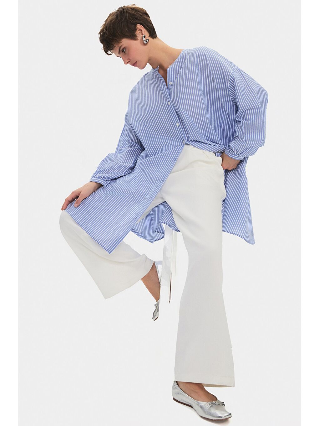 Mavi Kadın Exclusive Geniş Kalıp Hakim Yaka Çizgili %100 Pamuk Gömlek Elbise-4
