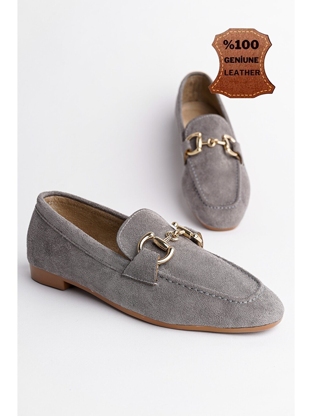 Gri Mona Metal Tokalı Deri Kadın Loafer Günlük Ayakkabı-1