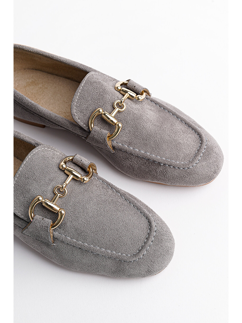 Gri Mona Metal Tokalı Deri Kadın Loafer Günlük Ayakkabı-3
