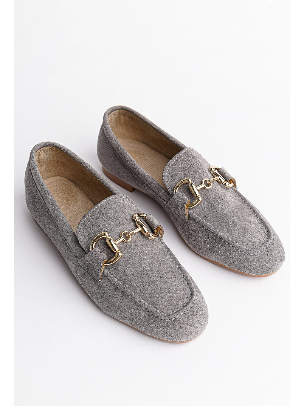 Gri Mona Metal Tokalı Deri Kadın Loafer Günlük Ayakkabı