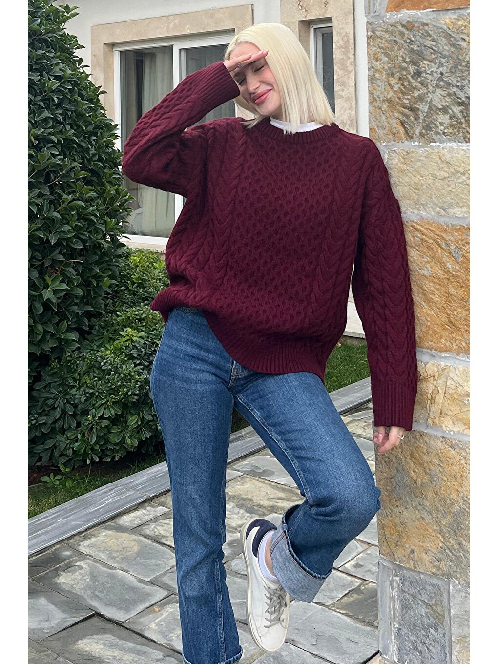Bordo Bisiklet Yaka Oversize Triko Kazak Mg1969-2