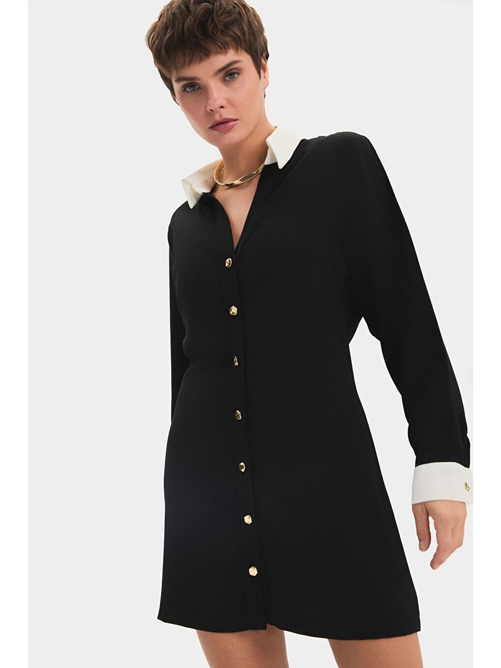 Siyah Kadın Düğme Detaylı Gömlek Mini Elbise