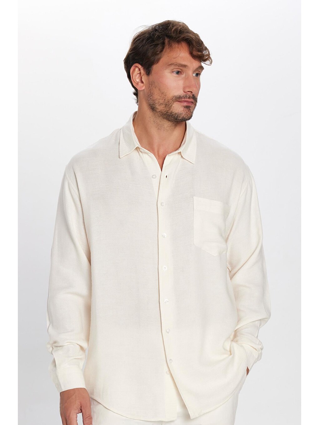 Erkek Relax Fit Rahat Kesim Oversize Müslin Viskon Pamuklu Tek Cepli Düz Ekru Gömlek-2