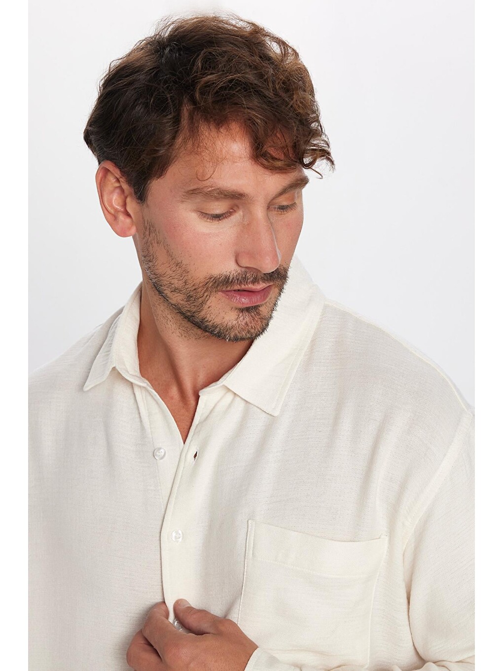 Erkek Relax Fit Rahat Kesim Oversize Müslin Viskon Pamuklu Tek Cepli Düz Ekru Gömlek-3