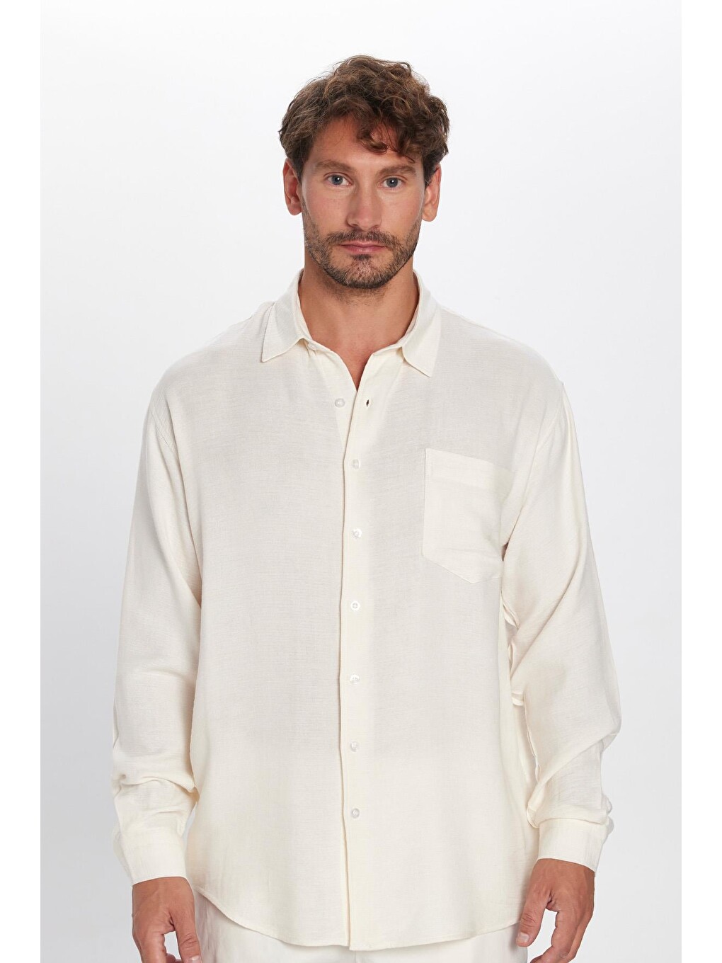 Erkek Relax Fit Rahat Kesim Oversize Müslin Viskon Pamuklu Tek Cepli Düz Ekru Gömlek-4