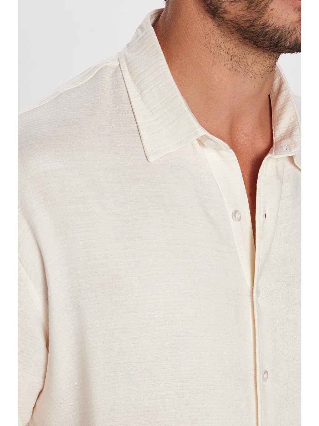 Erkek Relax Fit Rahat Kesim Oversize Müslin Viskon Pamuklu Tek Cepli Düz Ekru Gömlek-5