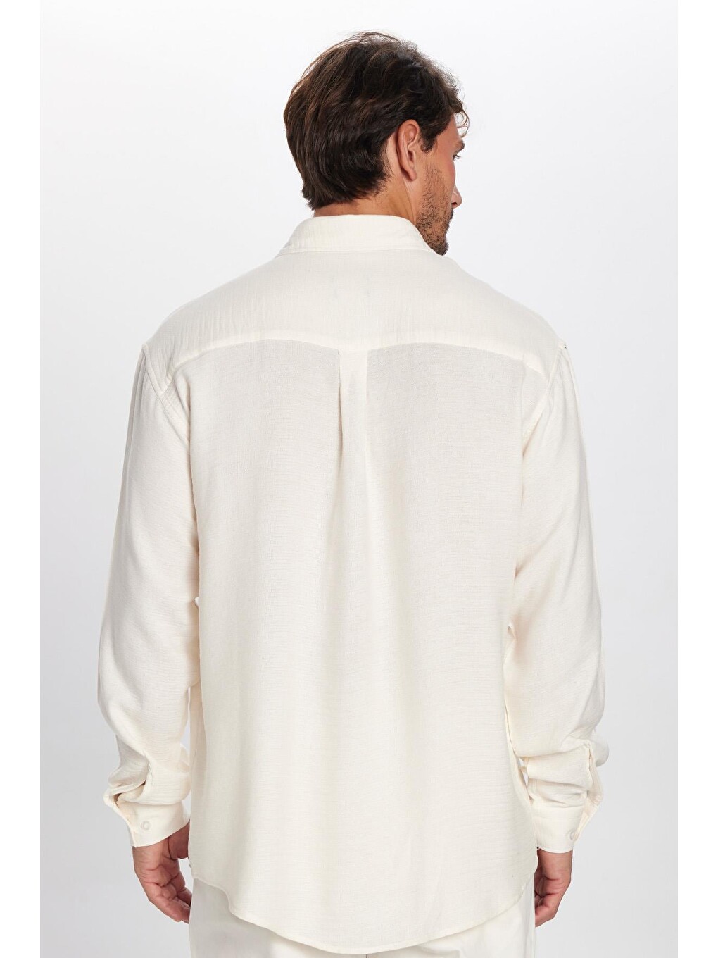 Erkek Relax Fit Rahat Kesim Oversize Müslin Viskon Pamuklu Tek Cepli Düz Ekru Gömlek-6