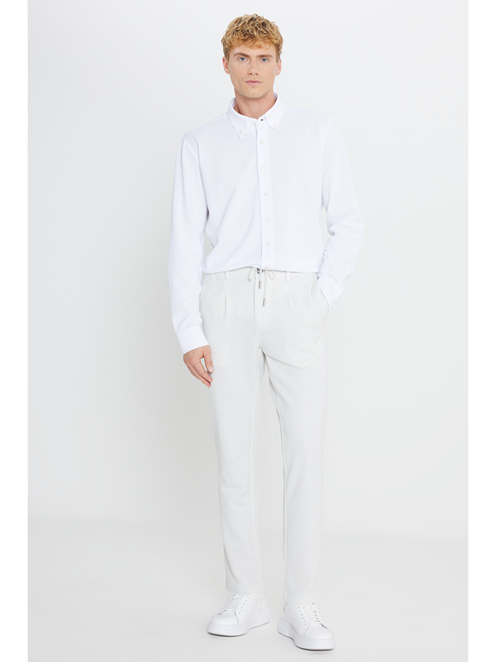 Bej Erkek Taş 360 Her Yöne Esneyen Slim Fit Dar Kesim Beli Bağlamalı Armürlü Casual Pantolon-1
