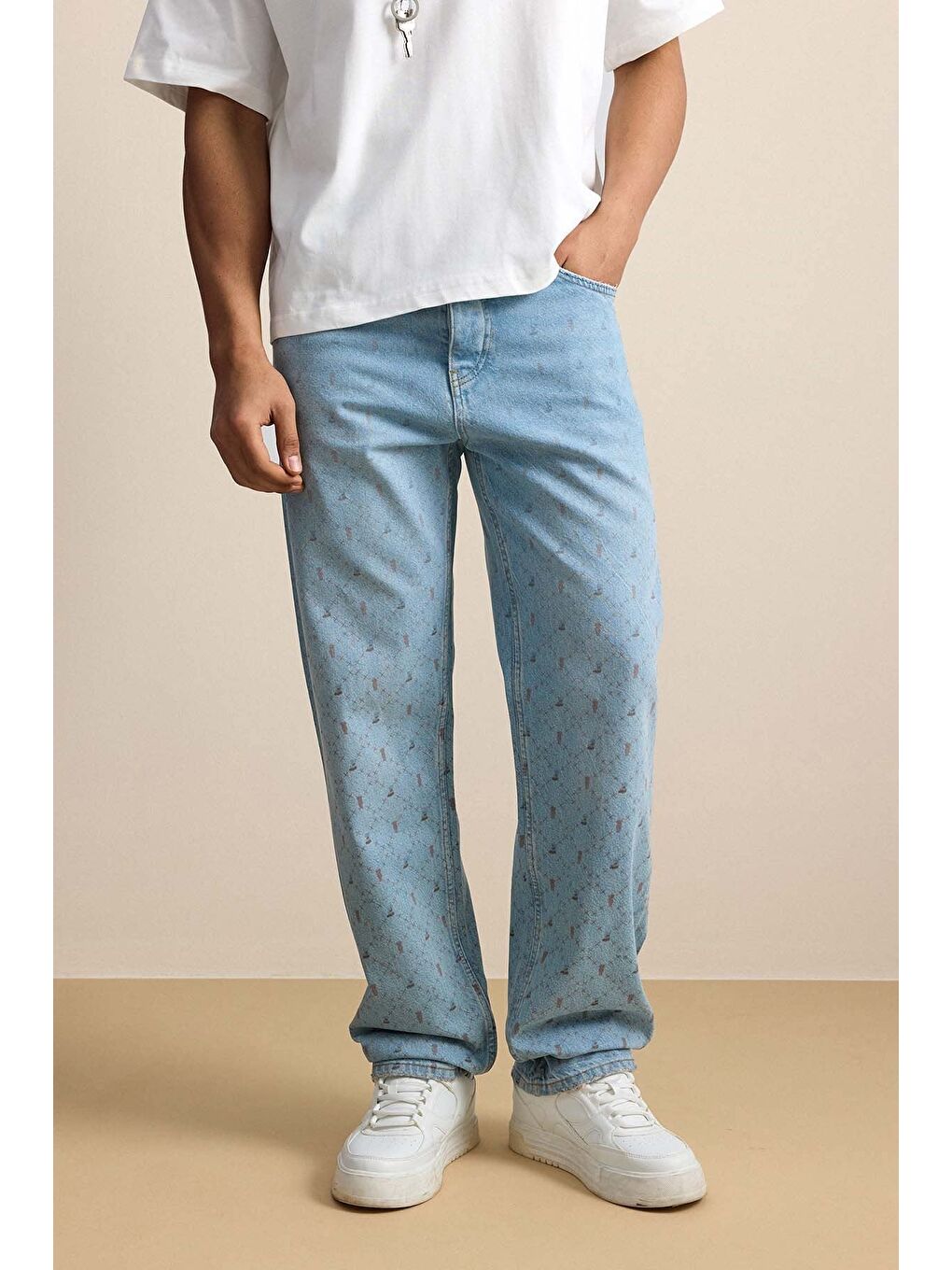 Erkek Baggy Vintage Efektli Jean Pantolon Mavi-2
