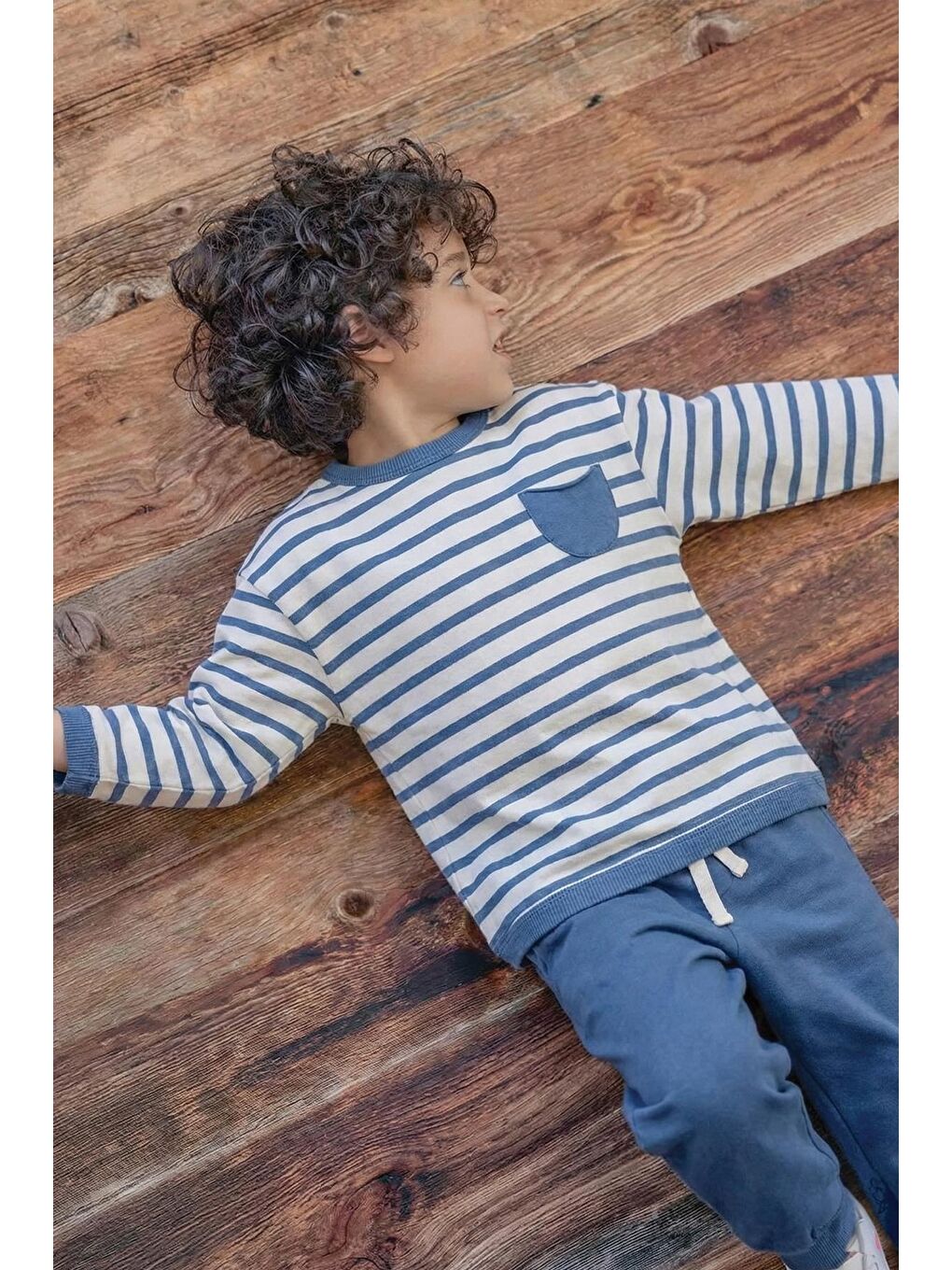 Çizgili Sweatshirt Takım 1-7 Yaş İndigo Mavi