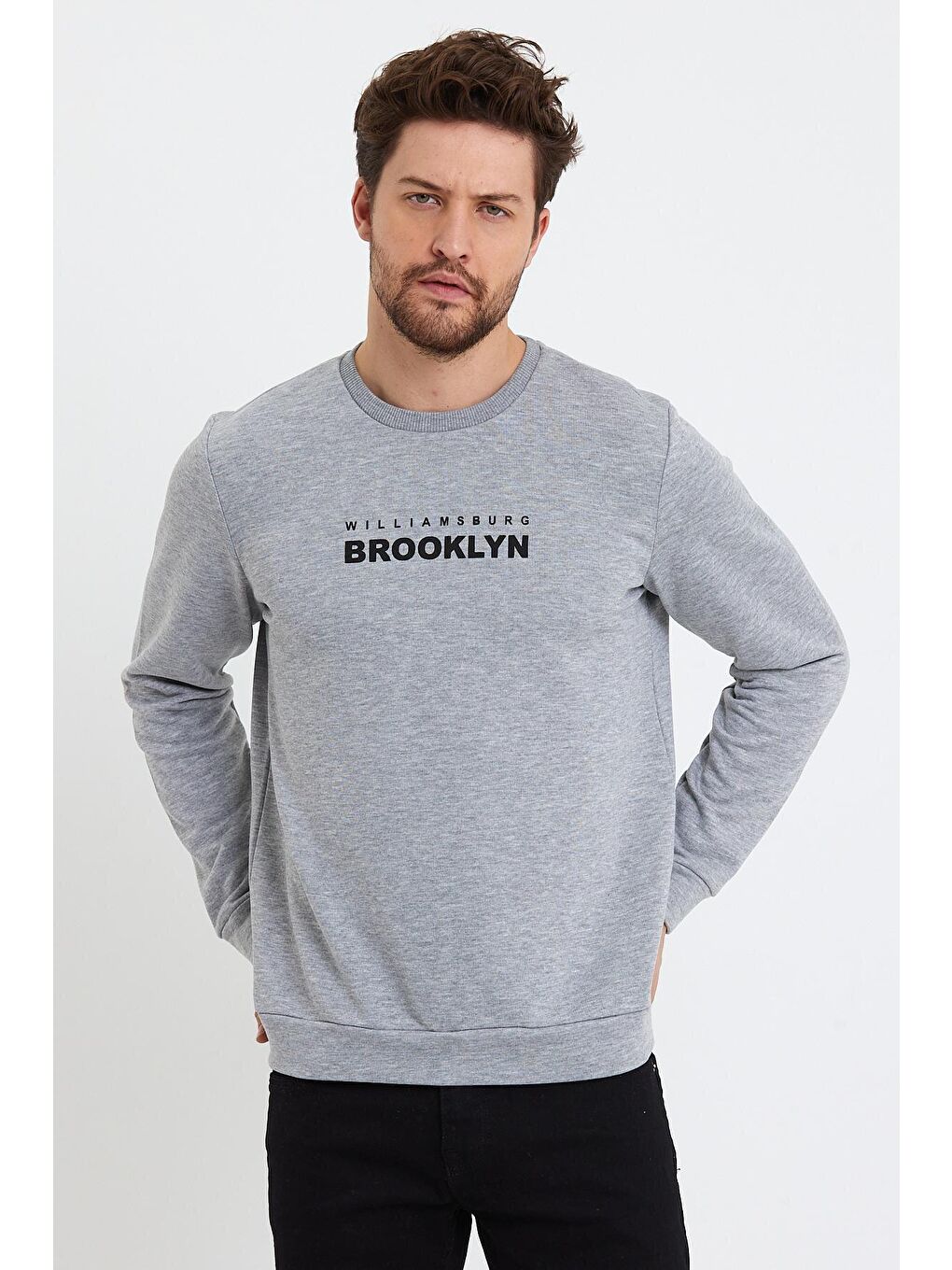 Süperlife Açık Gri Erkek Bisiklet Yaka Rahat Kalıp 3 iplik Kalın Brooklyn Baskılı Sweatshirt SPR24sw29