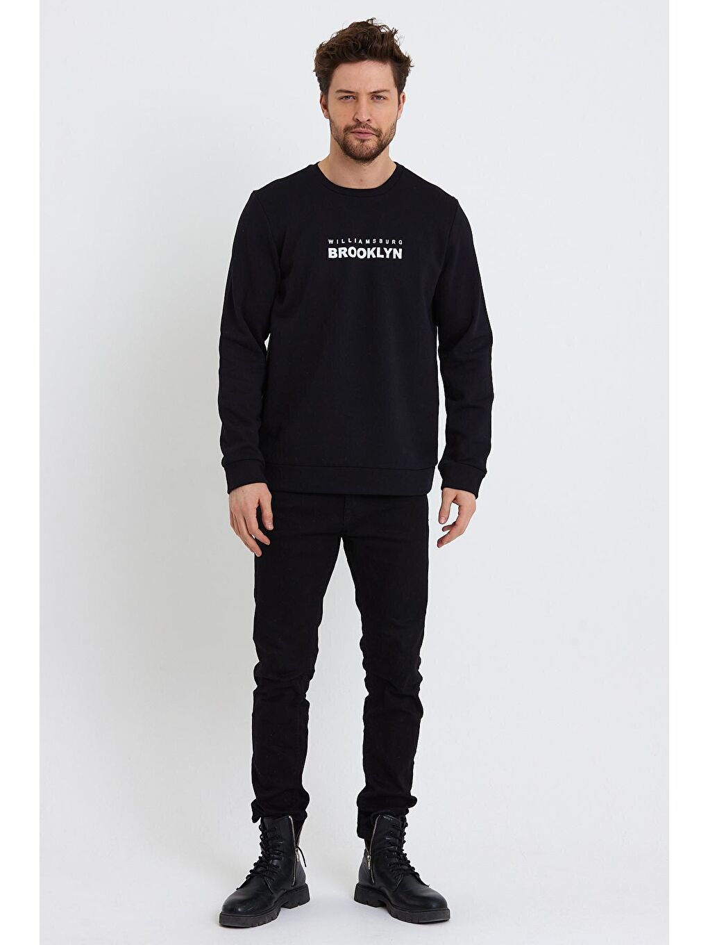 Süperlife Siyah Erkek Bisiklet Yaka Rahat Kalıp 3 iplik Kalın Brooklyn Baskılı Sweatshirt SPR24sw29