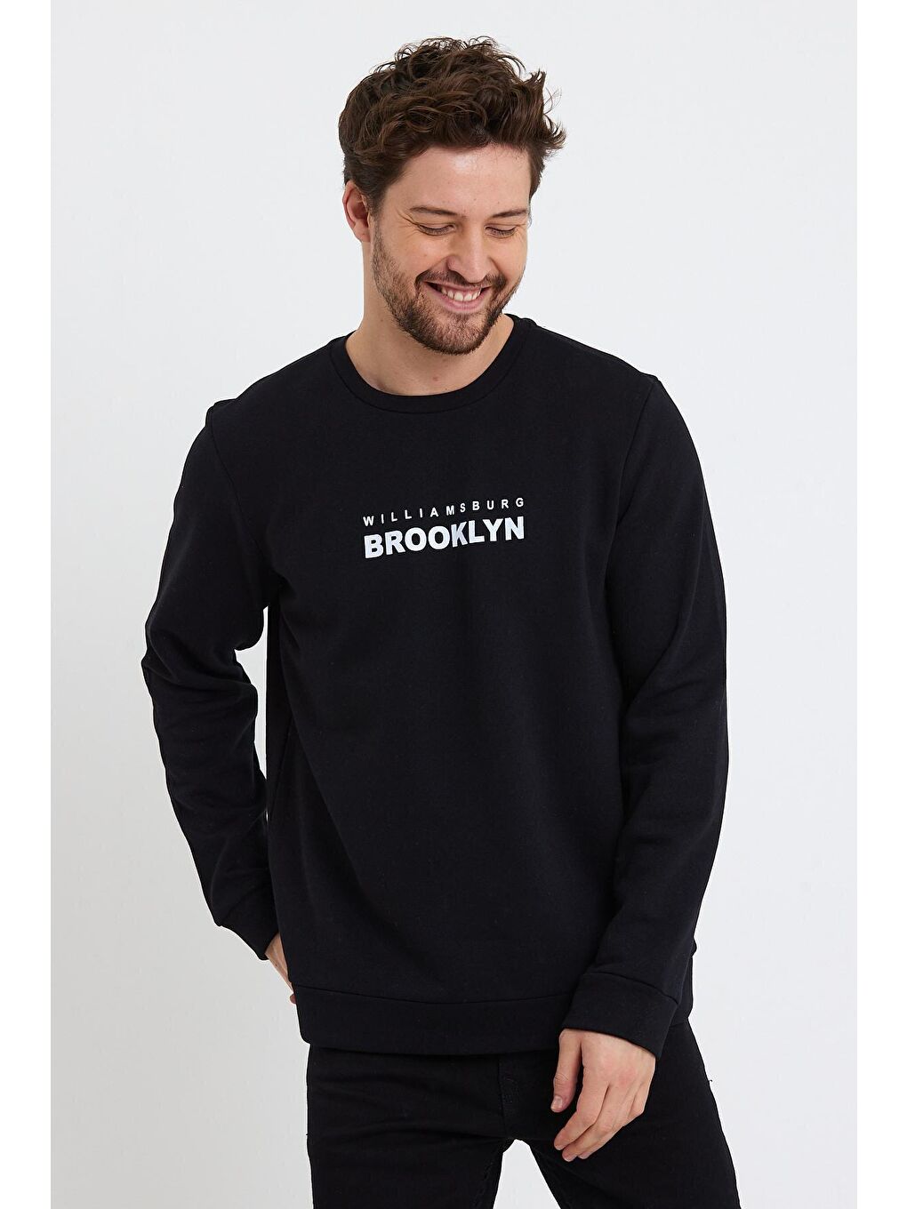 Süperlife Siyah Erkek Bisiklet Yaka Rahat Kalıp 3 iplik Kalın Brooklyn Baskılı Sweatshirt SPR24sw29 - 1