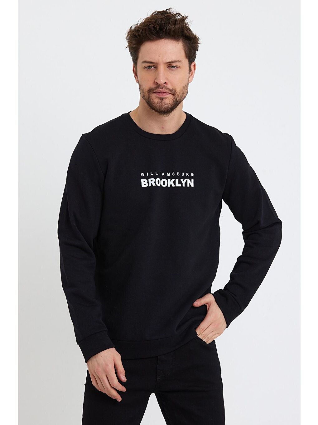 Süperlife Siyah Erkek Bisiklet Yaka Rahat Kalıp 3 iplik Kalın Brooklyn Baskılı Sweatshirt SPR24sw29 - 3