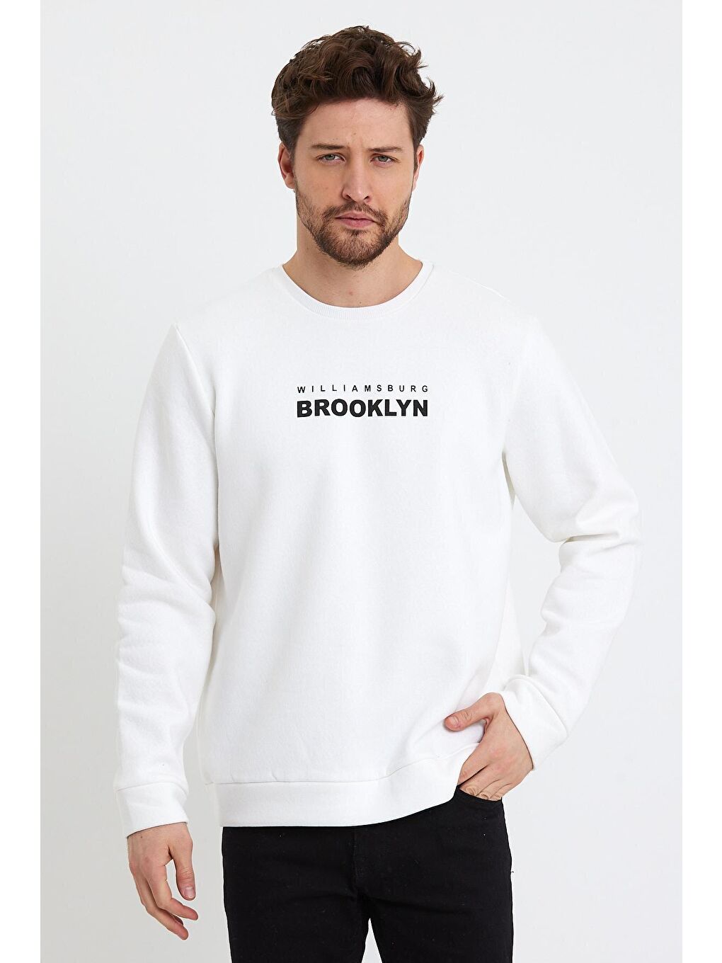 Süperlife Beyaz Erkek Bisiklet Yaka Rahat Kalıp 3 iplik Kalın Brooklyn Baskılı Sweatshirt SPR24sw29