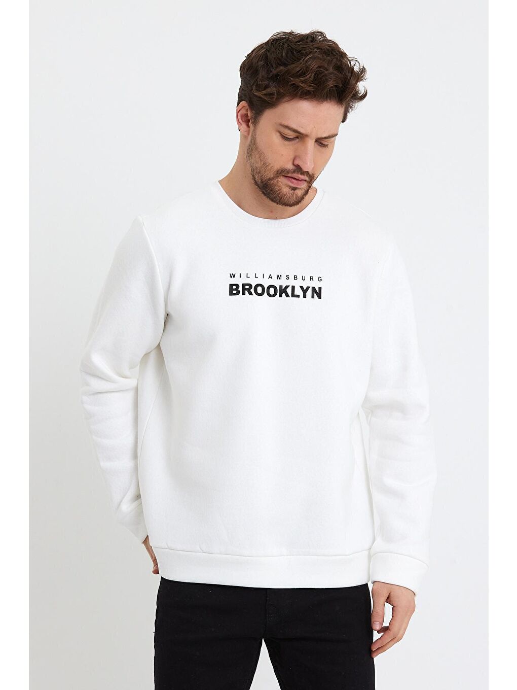 Süperlife Beyaz Erkek Bisiklet Yaka Rahat Kalıp 3 iplik Kalın Brooklyn Baskılı Sweatshirt SPR24sw29 - 1