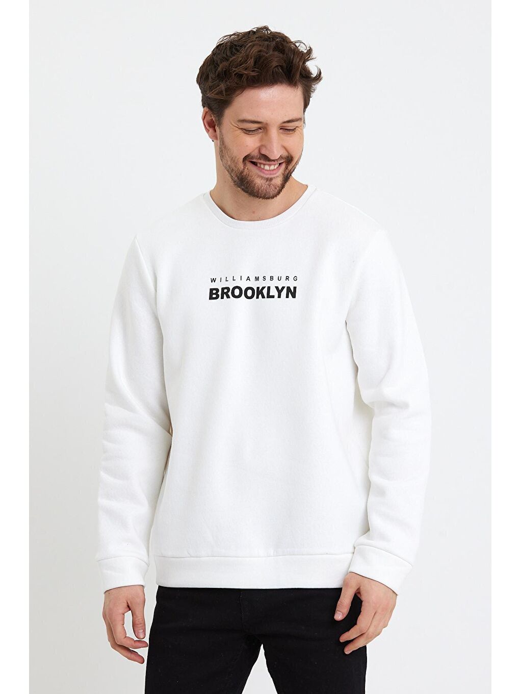 Süperlife Beyaz Erkek Bisiklet Yaka Rahat Kalıp 3 iplik Kalın Brooklyn Baskılı Sweatshirt SPR24sw29 - 2