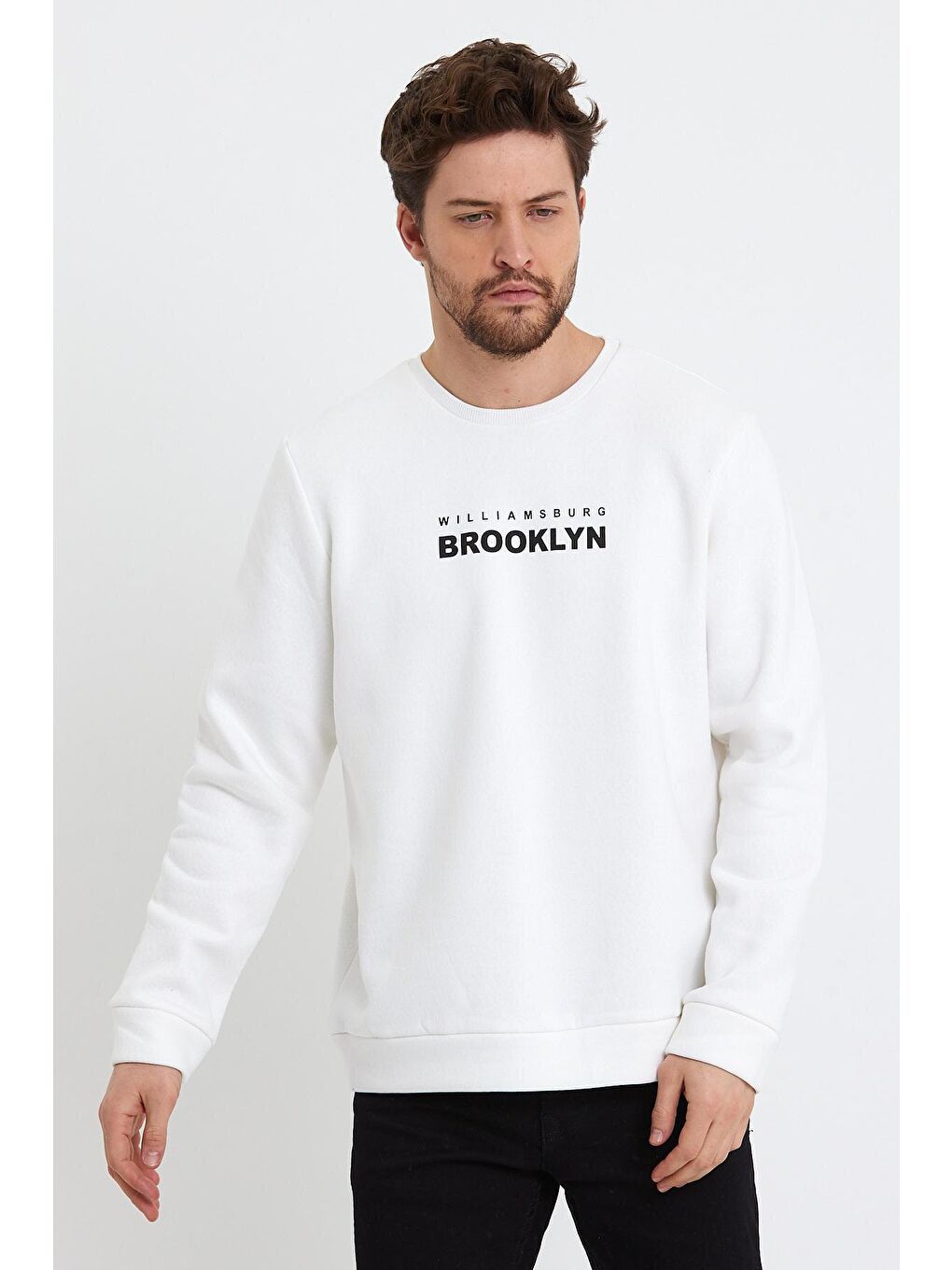 Süperlife Beyaz Erkek Bisiklet Yaka Rahat Kalıp 3 iplik Kalın Brooklyn Baskılı Sweatshirt SPR24sw29 - 3