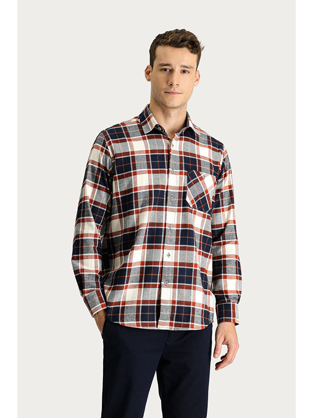 Kahverengi Uzun Kol Regular Fit Ekose Oduncu Spor Pamuklu %100 Pamuk Oduncu Gömlek-1