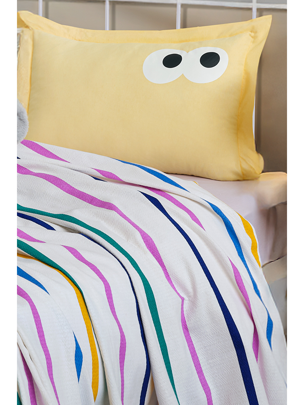 Baskılı Pike Takımı Tek Kişilik Funny Sarı-1