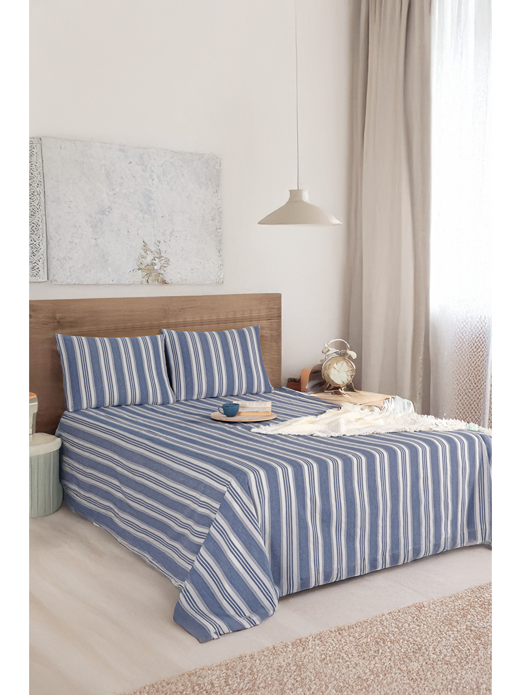 Sport Çizgili Çarşaf + Yastık Kılıfı Seti Çift Kişilik Soft Line Lacivert
