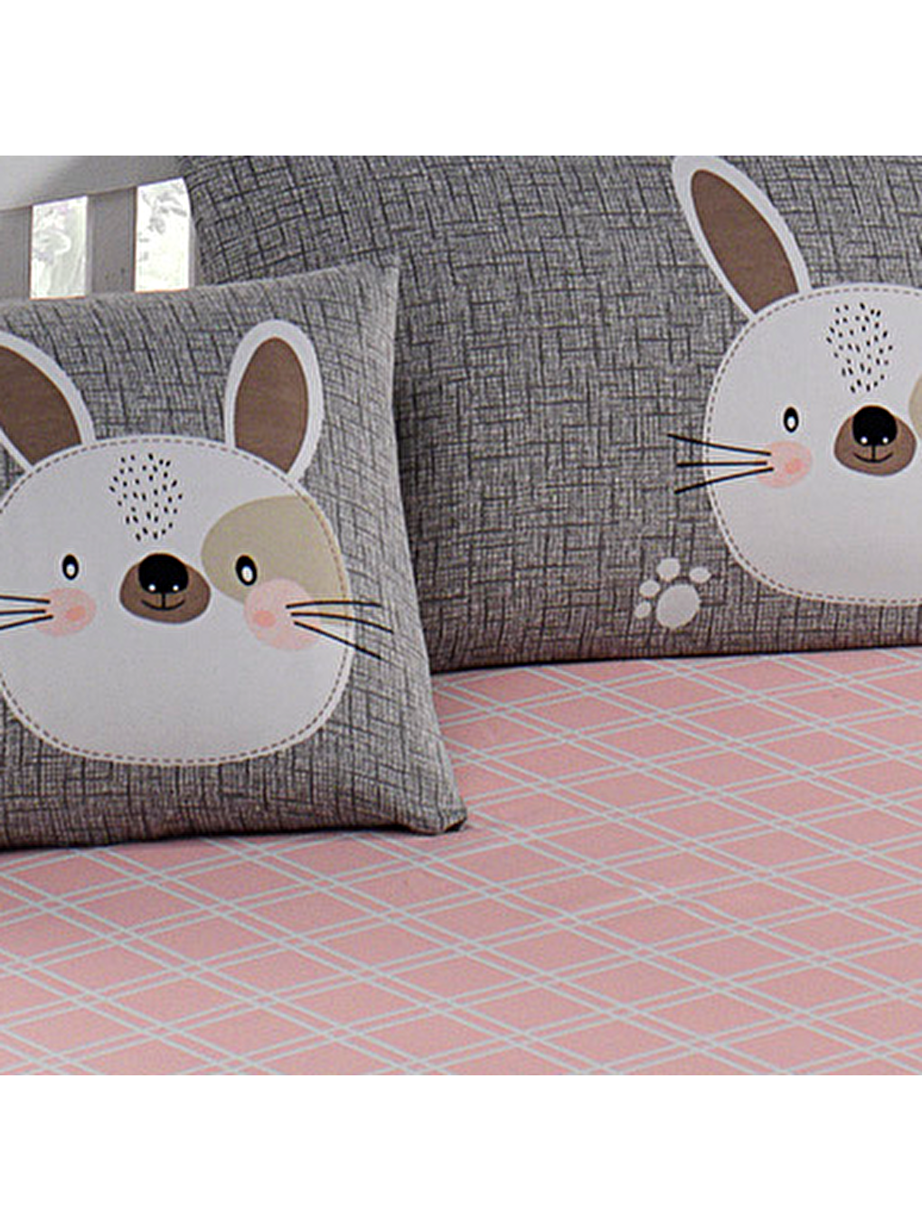 Kahverengi Pes Lastikli Çarşaf Seti Çift Kişilik Tavşancık A.Kahve-Gri-Pembe-2