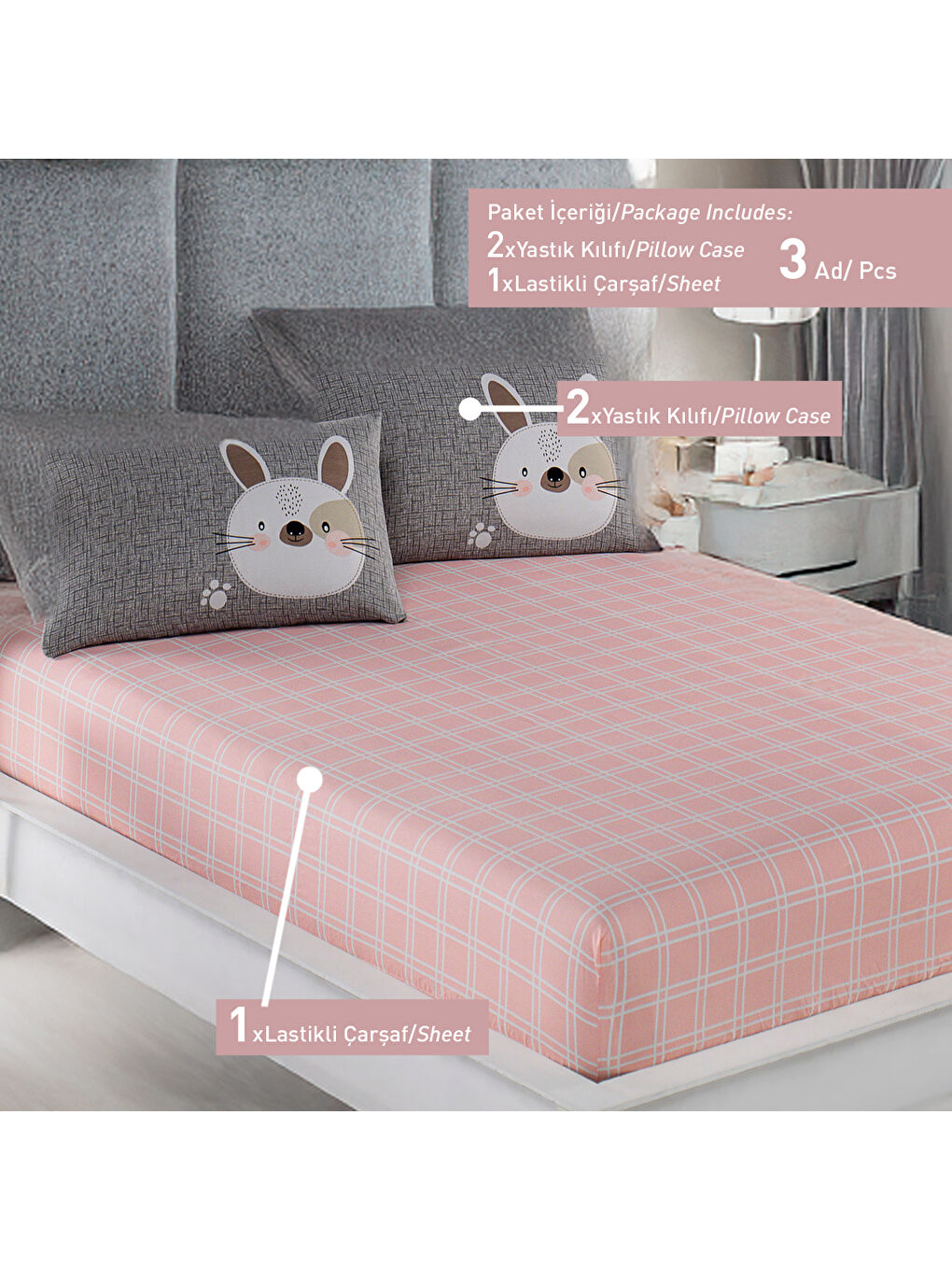 Kahverengi Pes Lastikli Çarşaf Seti Çift Kişilik Tavşancık A.Kahve-Gri-Pembe-3