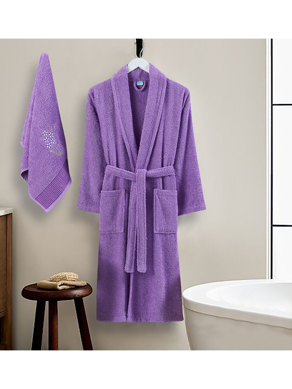 Mor Bornoz - Nakışlı Havlu Seti Cora Lavanta L/XL+45x85cm