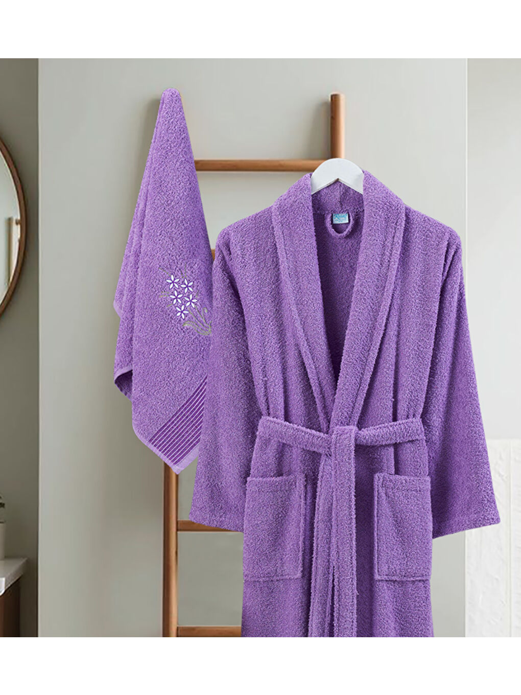 Mor Bornoz - Nakışlı Havlu Seti Cora Lavanta L/XL+45x85cm-1