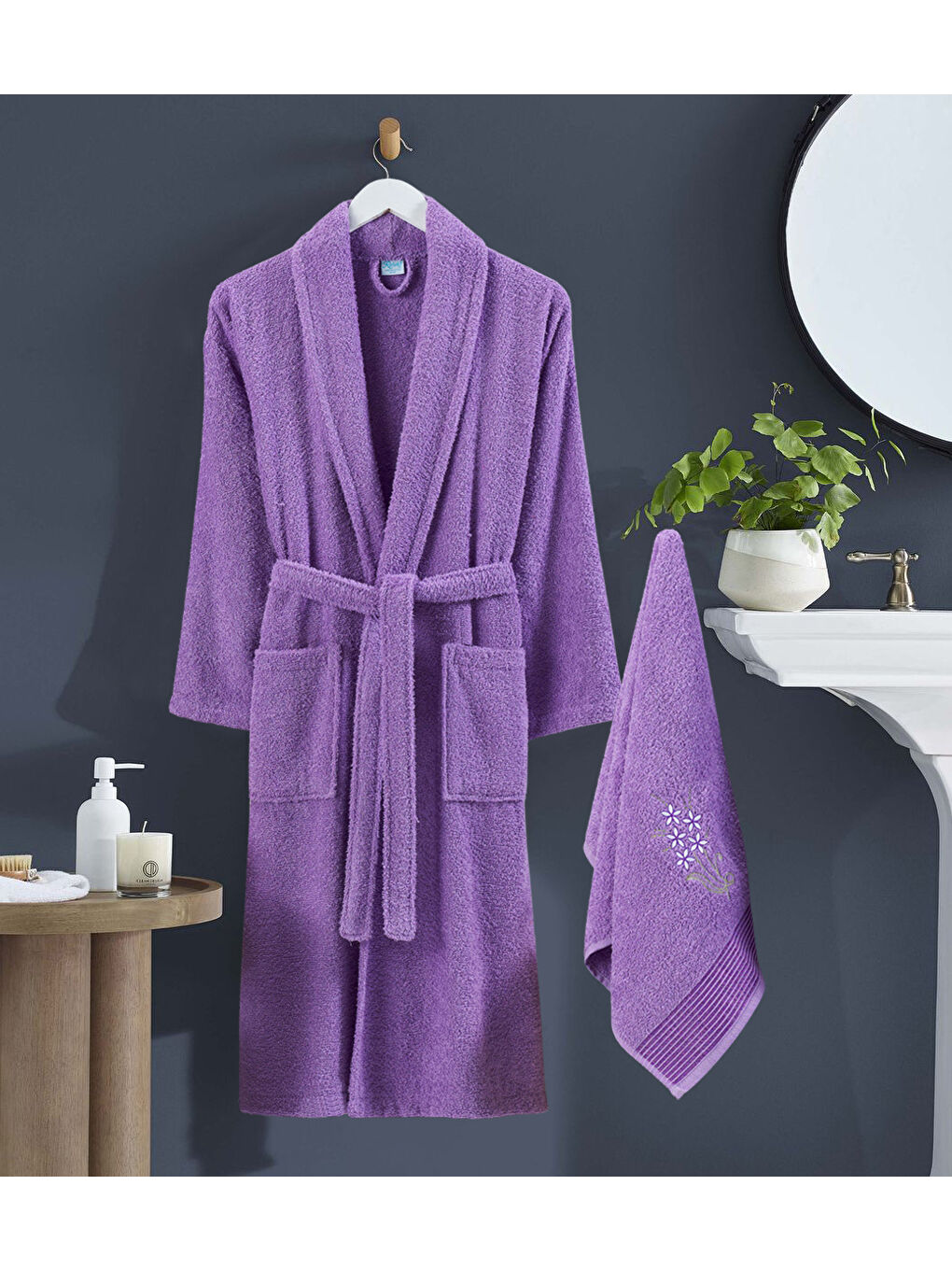 Mor Bornoz - Nakışlı Havlu Seti Cora Lavanta L/XL+45x85cm-2