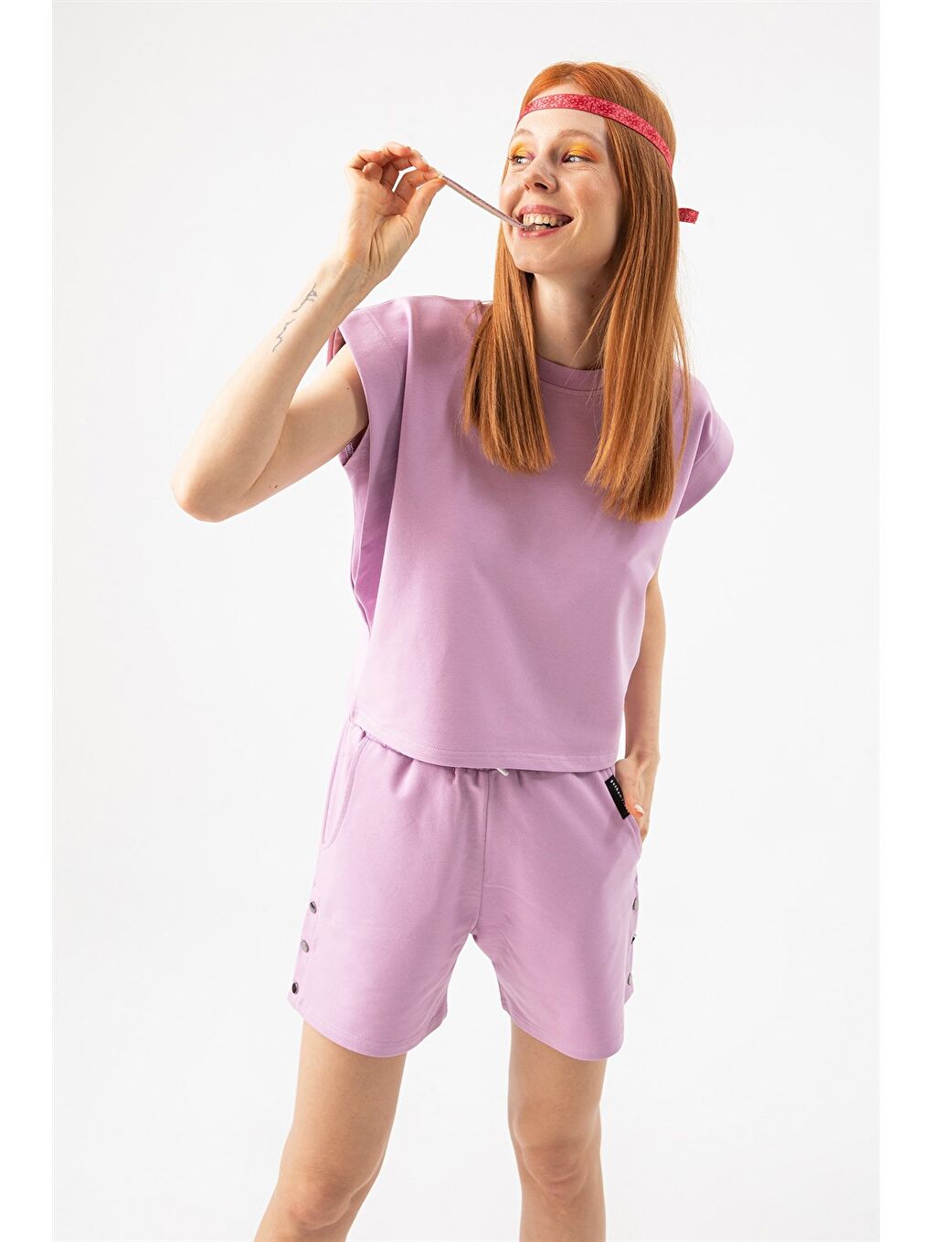 Kadın Base Kısa Lila T-Shirt-1