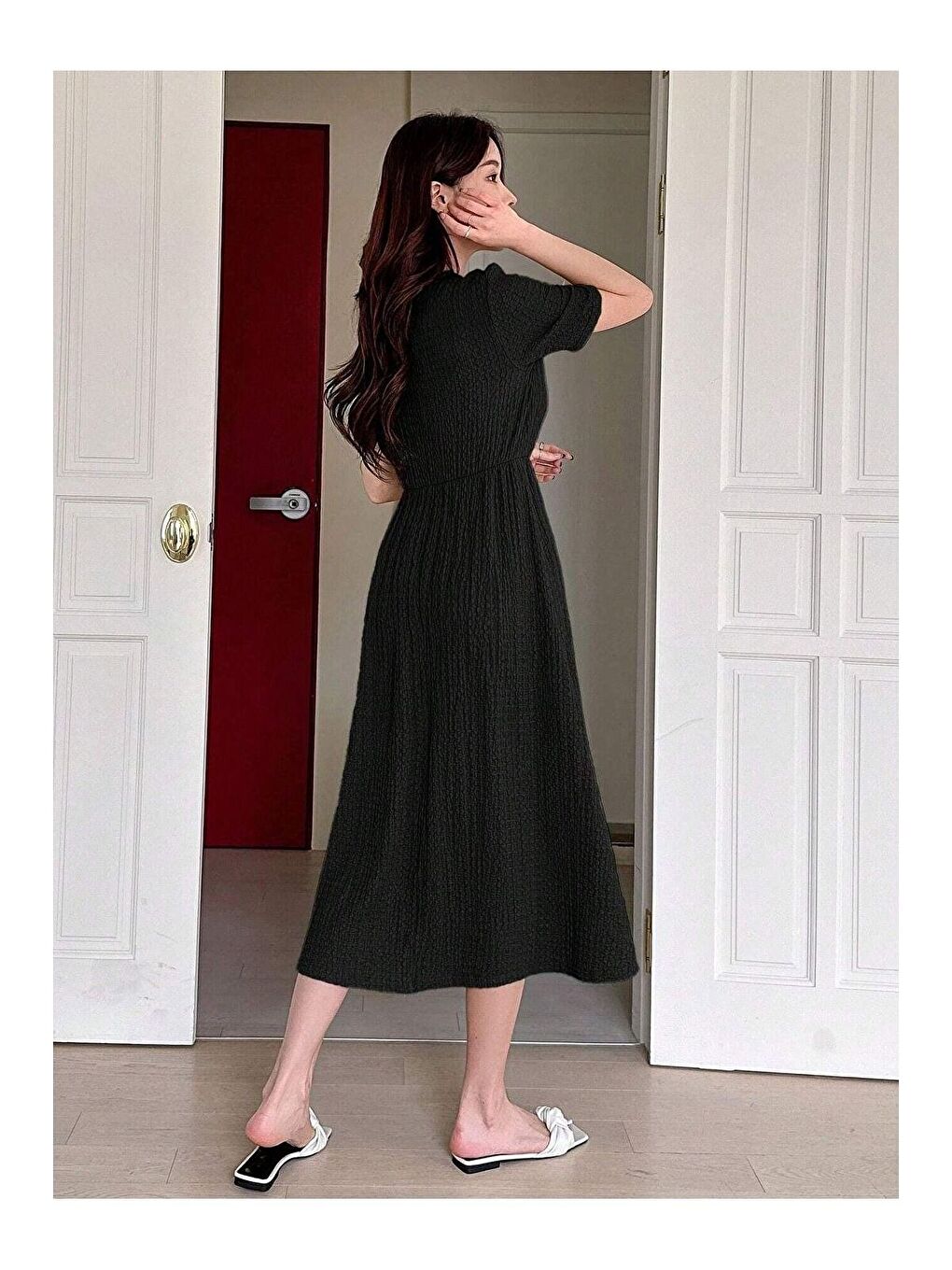 Bordo Siyah Bürümcük Detay Kısa Kol Midi Elbise-3