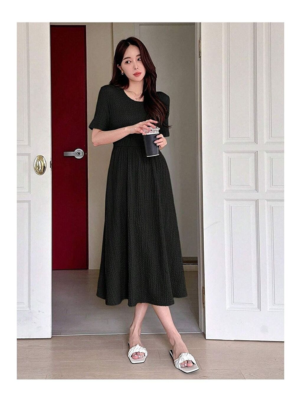 Bordo Siyah Bürümcük Detay Kısa Kol Midi Elbise-7