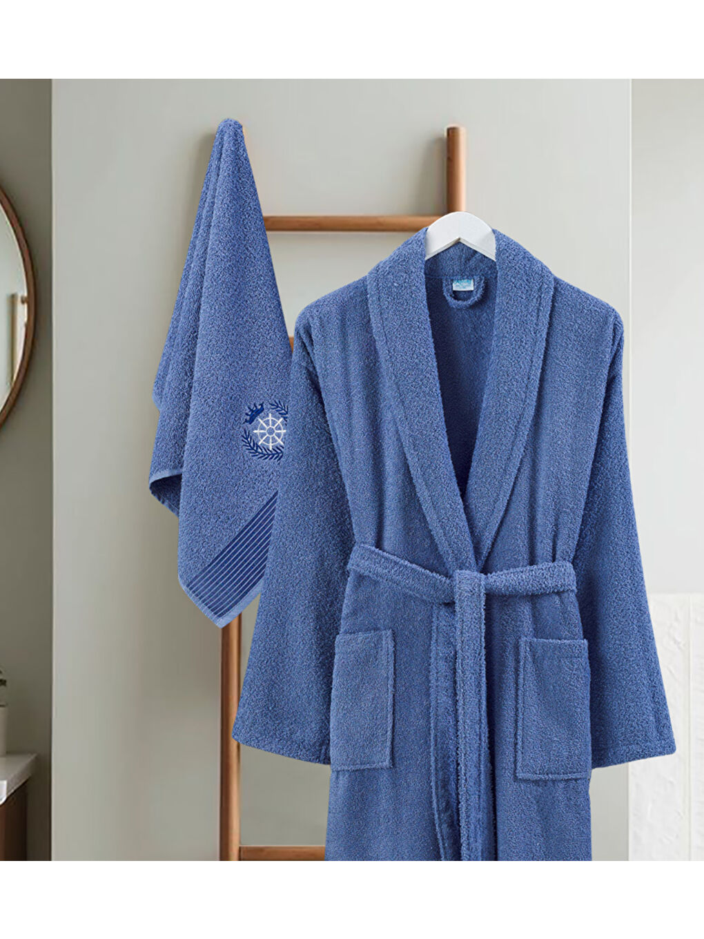 Bornoz - Nakışlı Havlu Seti Cora İndigo Mavi S/M+45x85cm-1