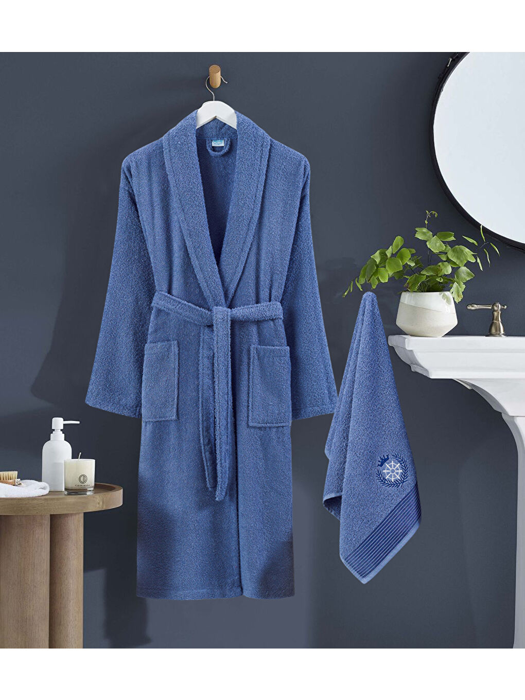 Bornoz - Nakışlı Havlu Seti Cora İndigo Mavi S/M+45x85cm-2