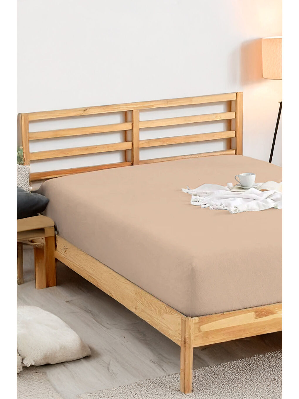 Penye Lastikli Çarşaf Pamuklu Jersey Süper Battal Kişilik 200x200cm Bej-1