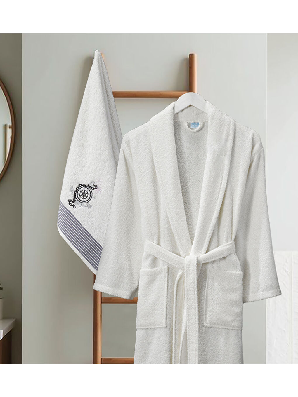 Ekru Bornoz - Nakışlı Havlu Seti Cora Erkek Krem L/XL+45x85cm-1