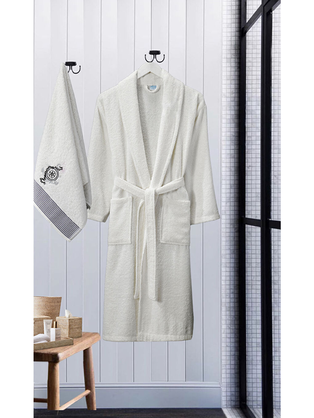 Ekru Bornoz - Nakışlı Havlu Seti Cora Erkek Krem L/XL+45x85cm-2