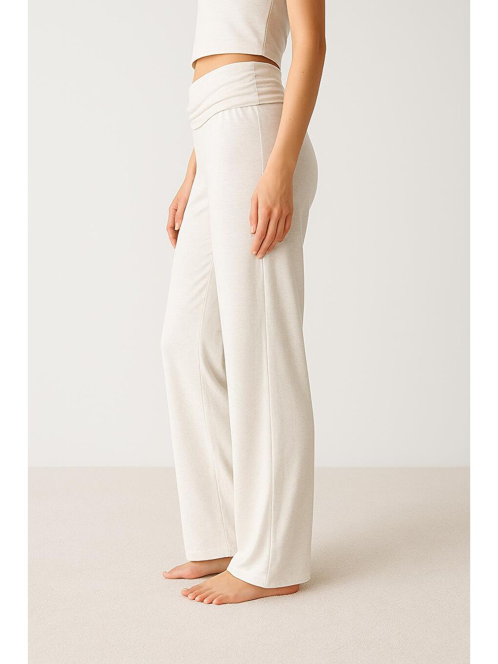 Ekru Düz Paça Katlanan Bel Esnek Viskoz Pantolon VTP01-2